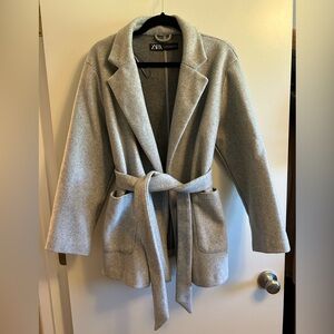 Zara Women's Light Gray Belted Blazer Coat